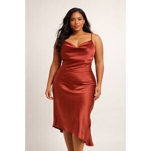 Petal & Pup Cyprus Rust Satin Cowl Midi Slip Dress Size 8 Asymmetrical Hem